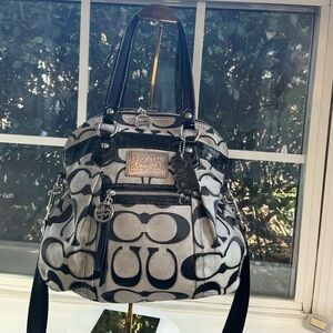 Coach Poppy Glam Tote Satchel – Black Metallic Signature – Removable Strap